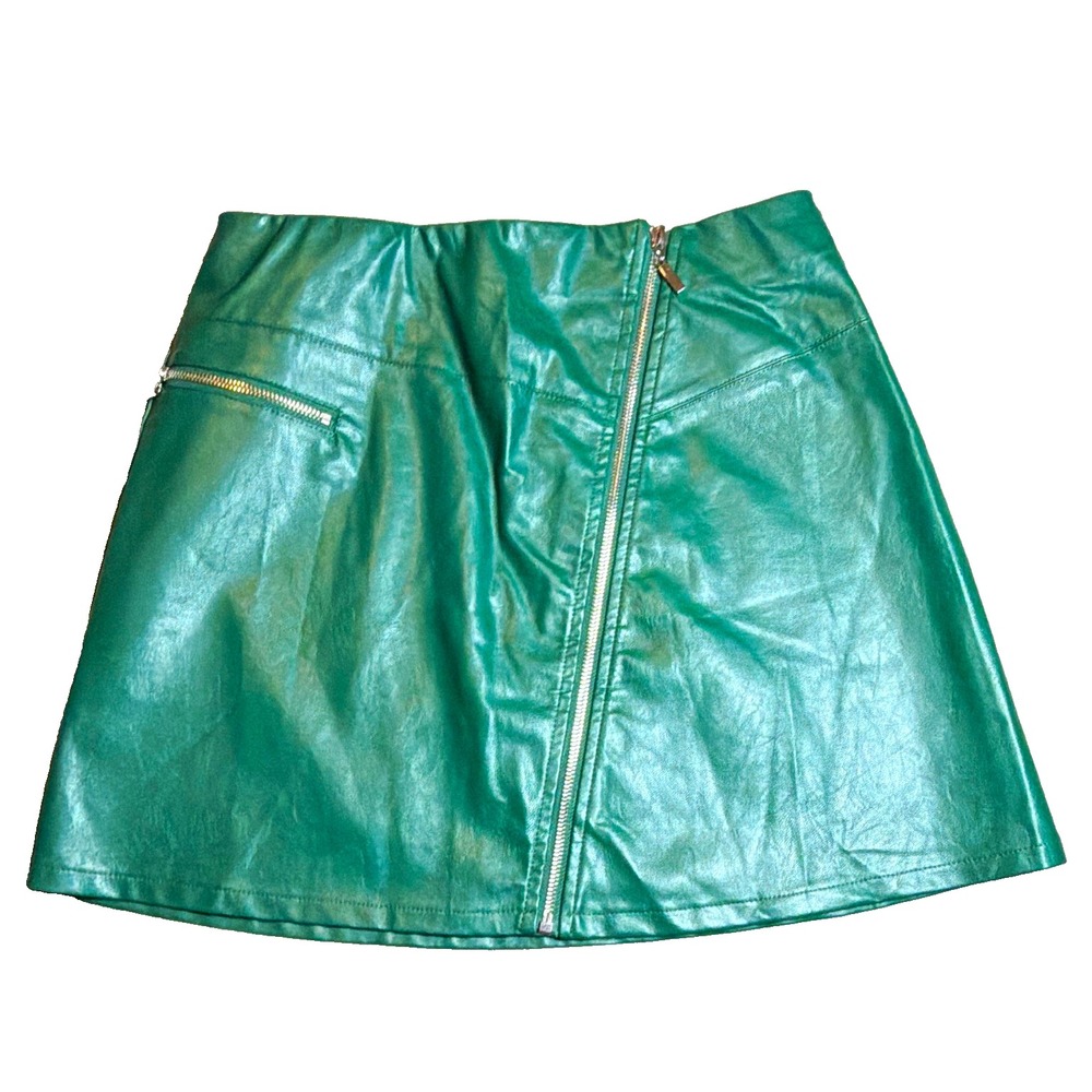 North End Women's Green Faux Leather Mini Skirt Zip Front Zipper Accent